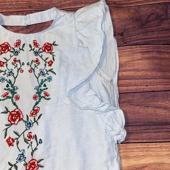ZARA Embroidered Floral Ruffle Blouse - Light Blue Cotton - XS - Picture 4 of 10